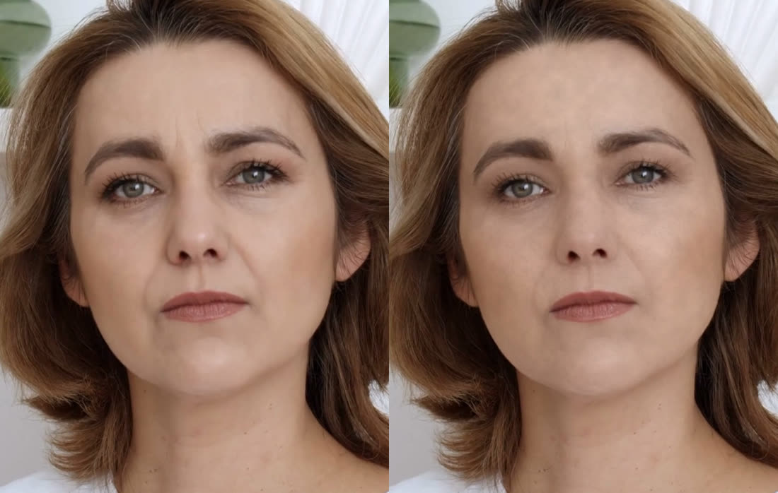 Before and after: a close-up portrait of a woman, original on the left and retouched with FaceBeauty on the right, with skin texture preserved