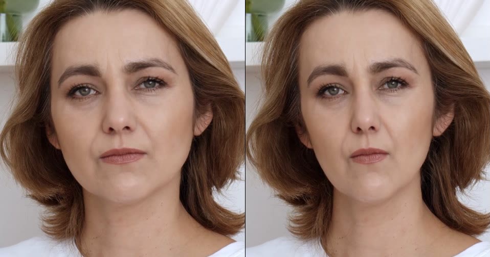Before and after: the same woman's face, original on the left and subtly reshaped with FaceReshape on the right